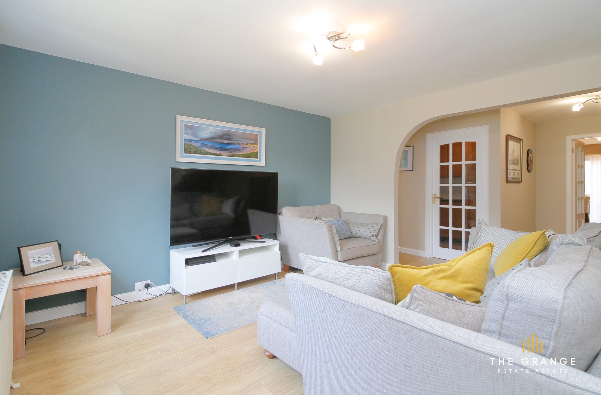 Living room, with teal accent wall and TV