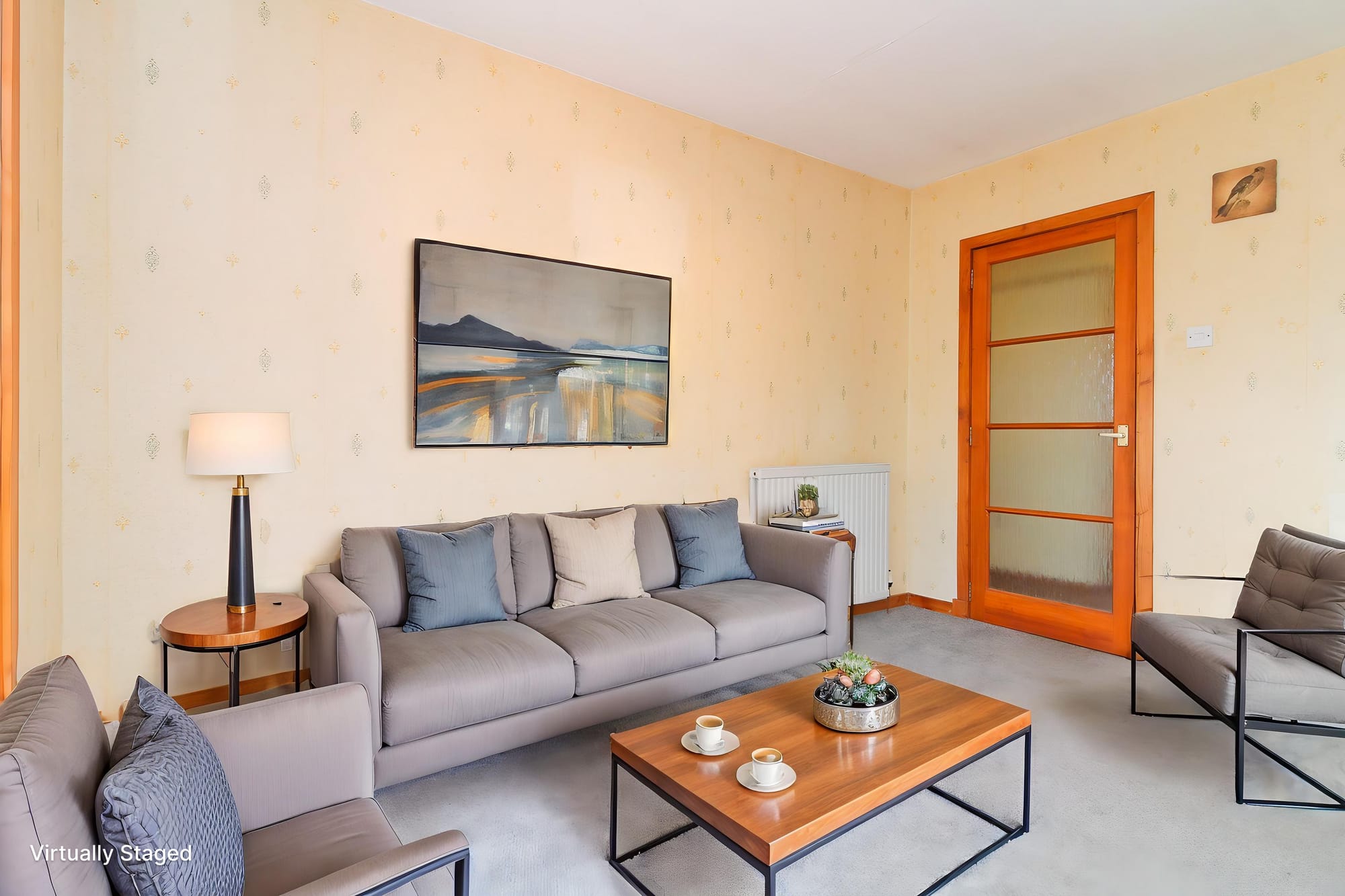 Living room, modern styling (virtually staged)