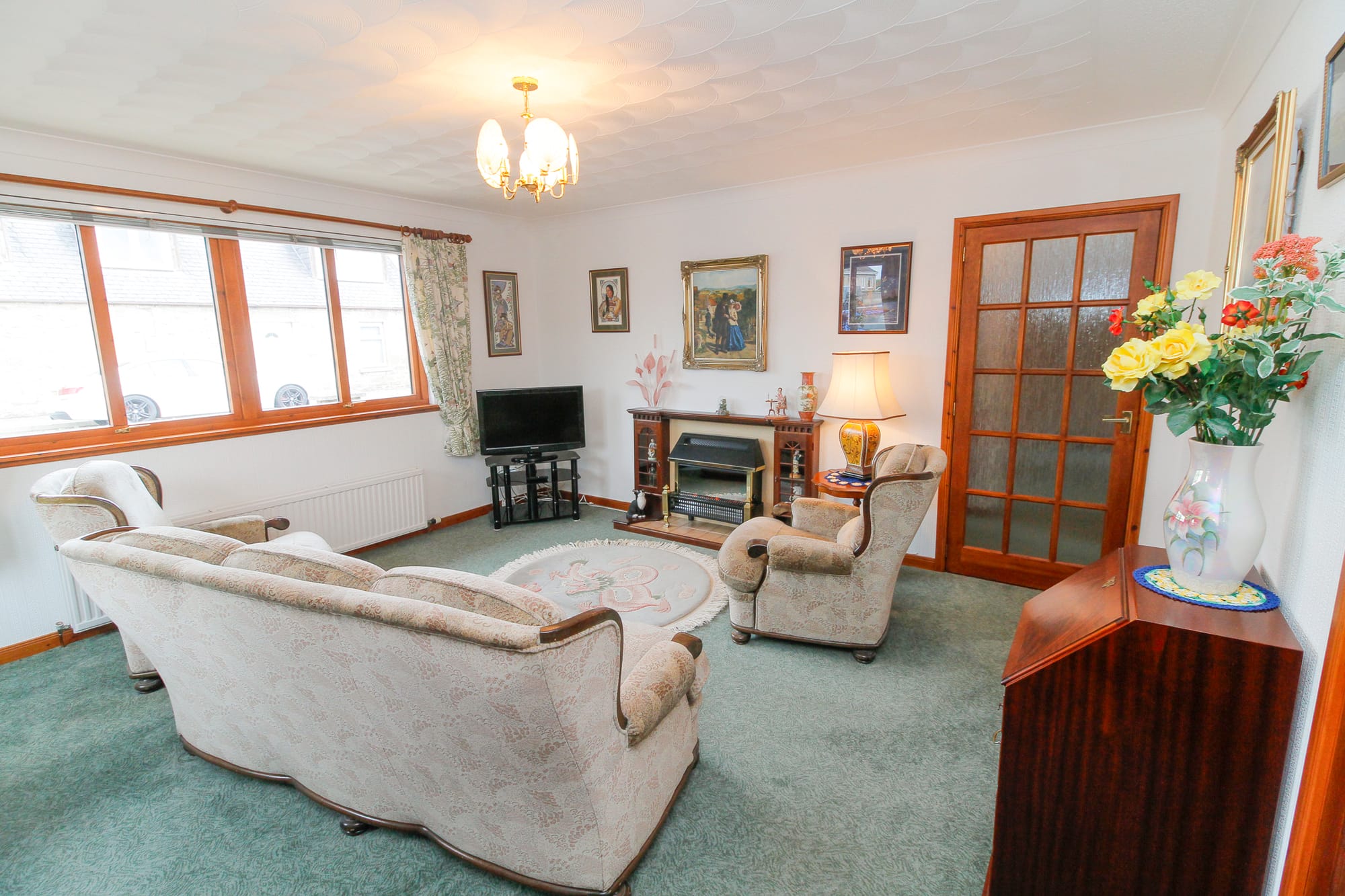 Living room seating and fireplace