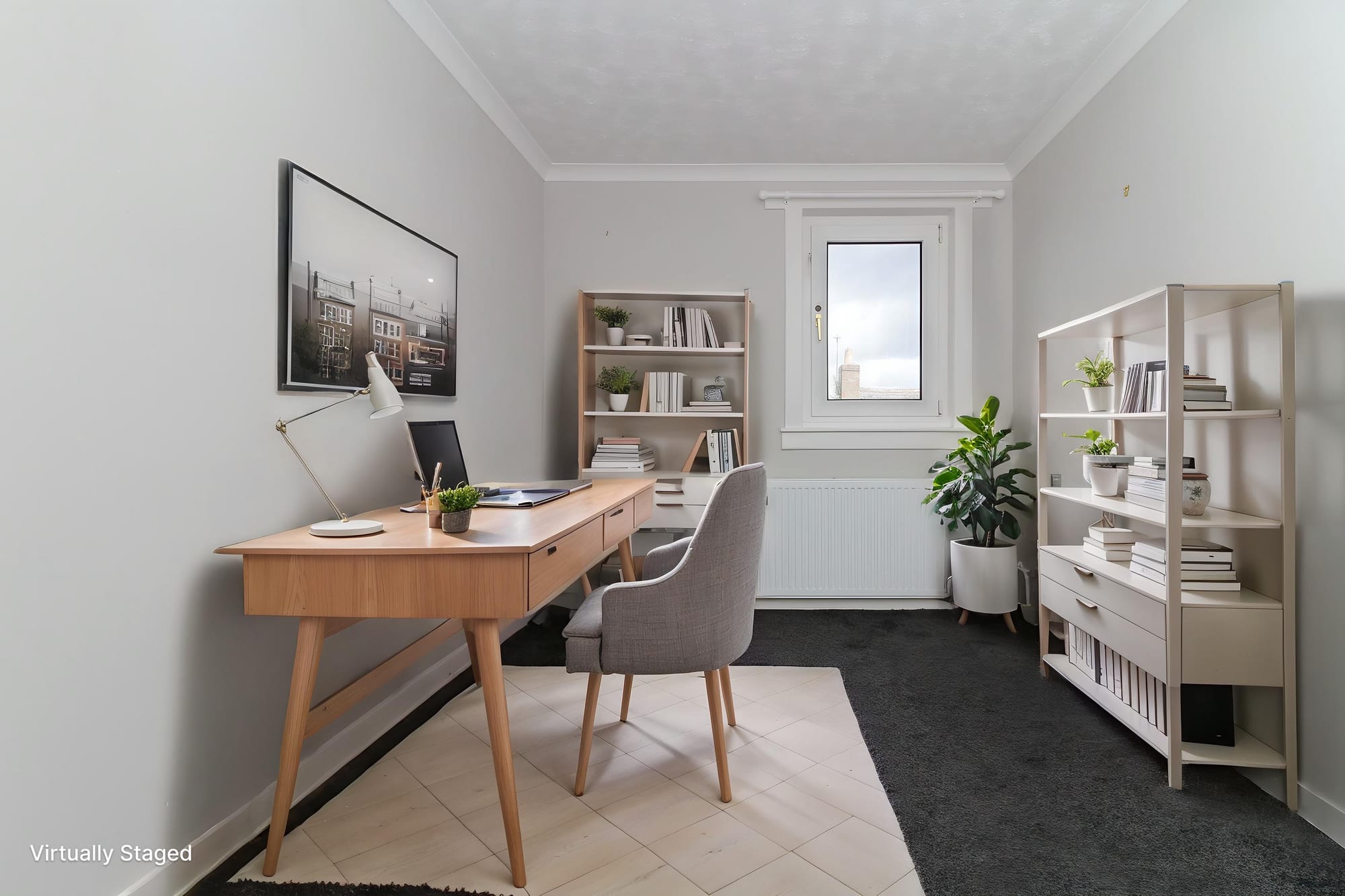 Bedroom 2, virtually staged as an office / study — second view