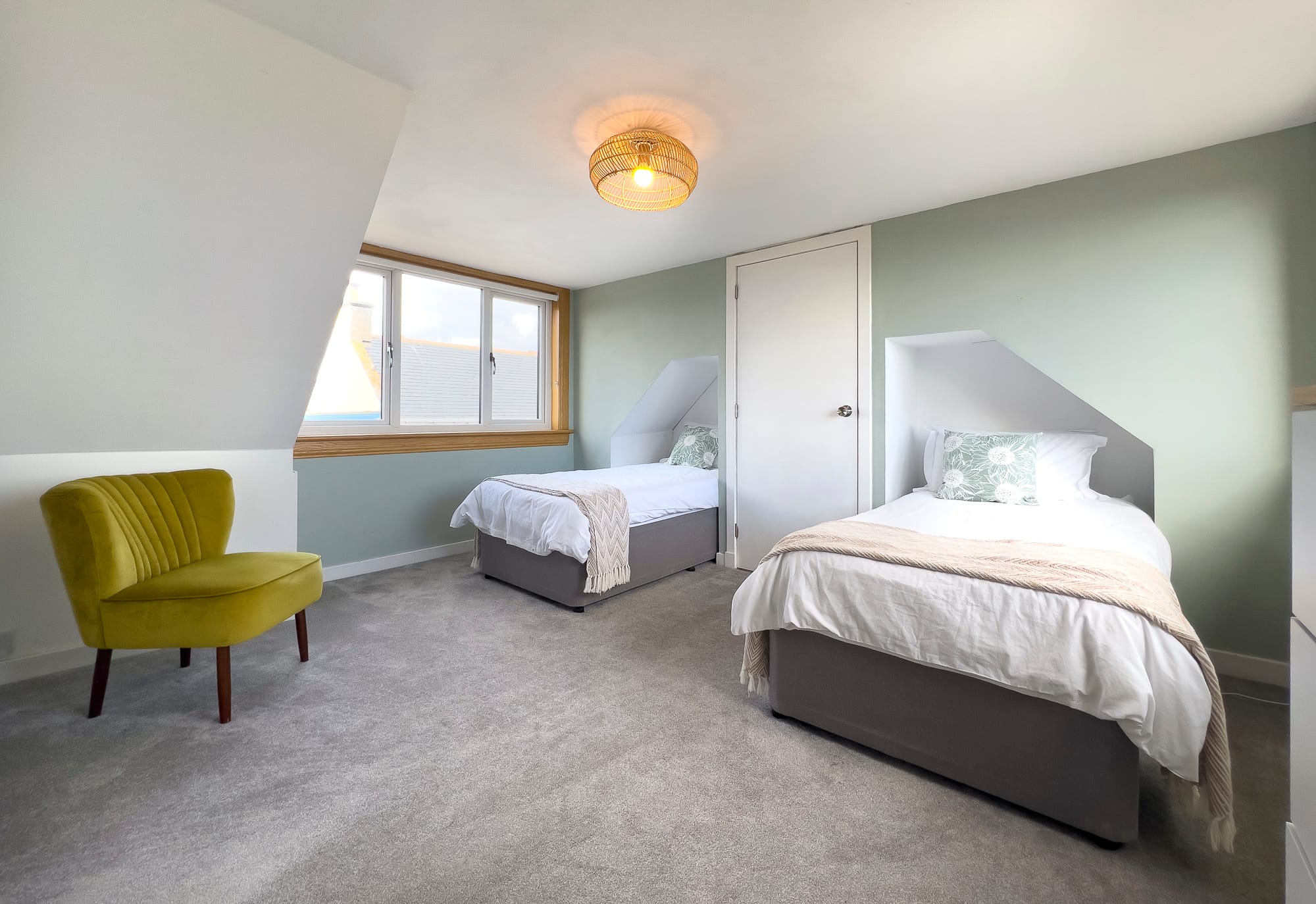 Twin bedroom with green walls — Dunbar Street, Burghead
