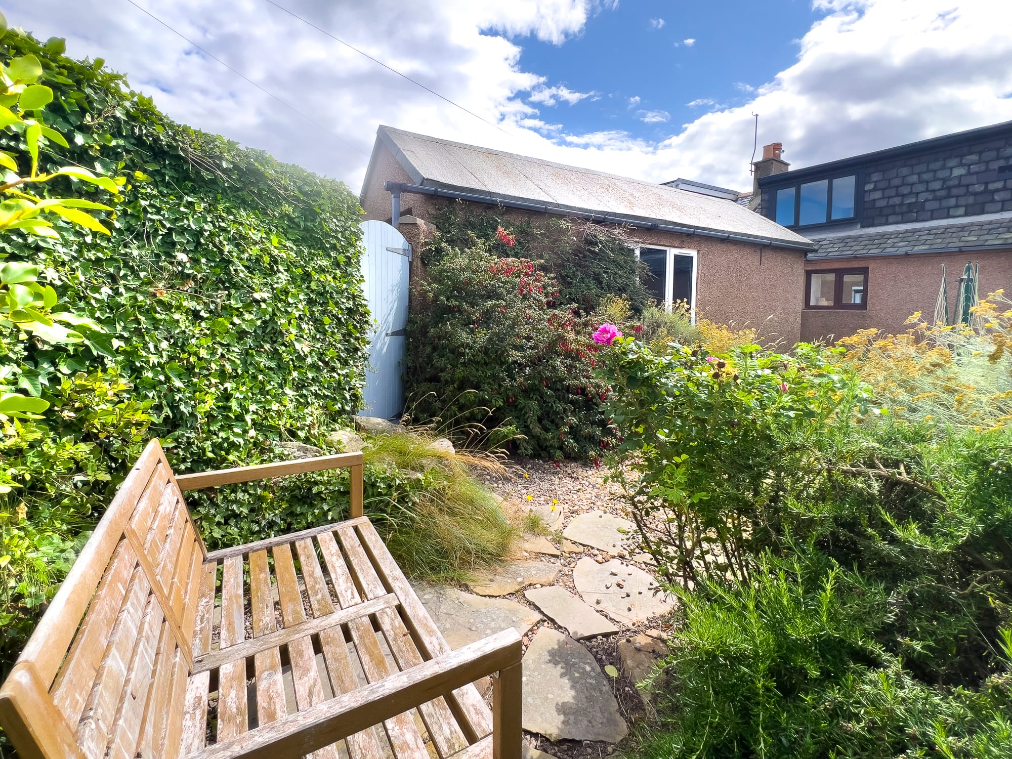 Bench in a sheltered corner of the garden — Dunbar Street, Burghead