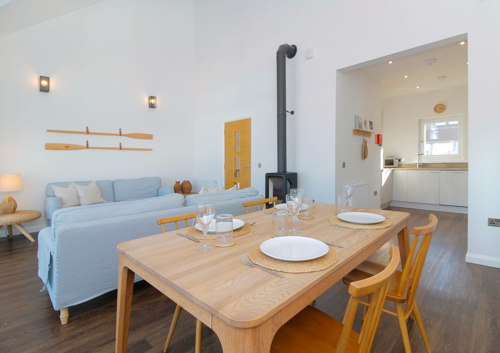 Dining area with wood-burning stove