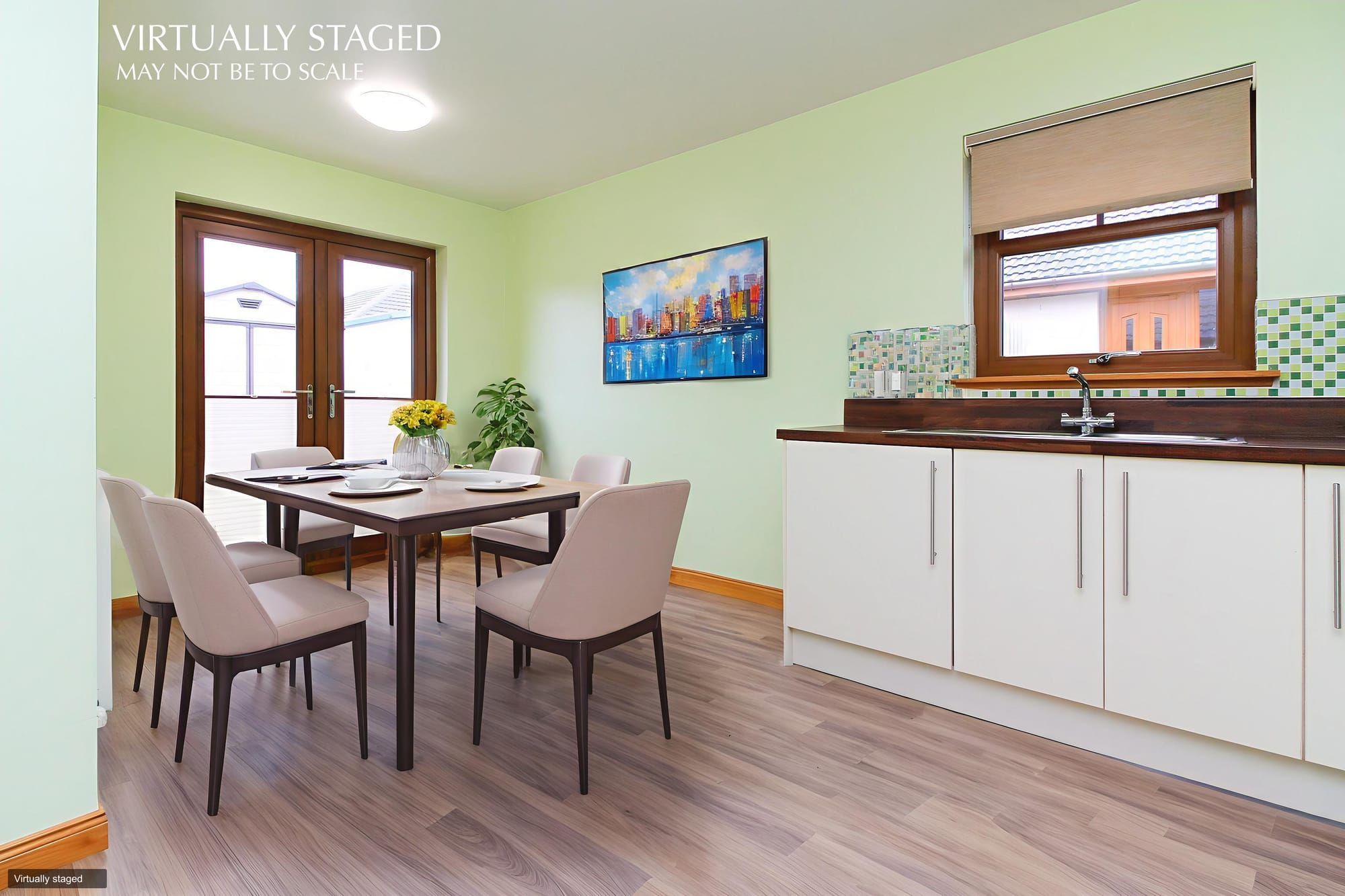 Kitchen and dining area (virtually staged)