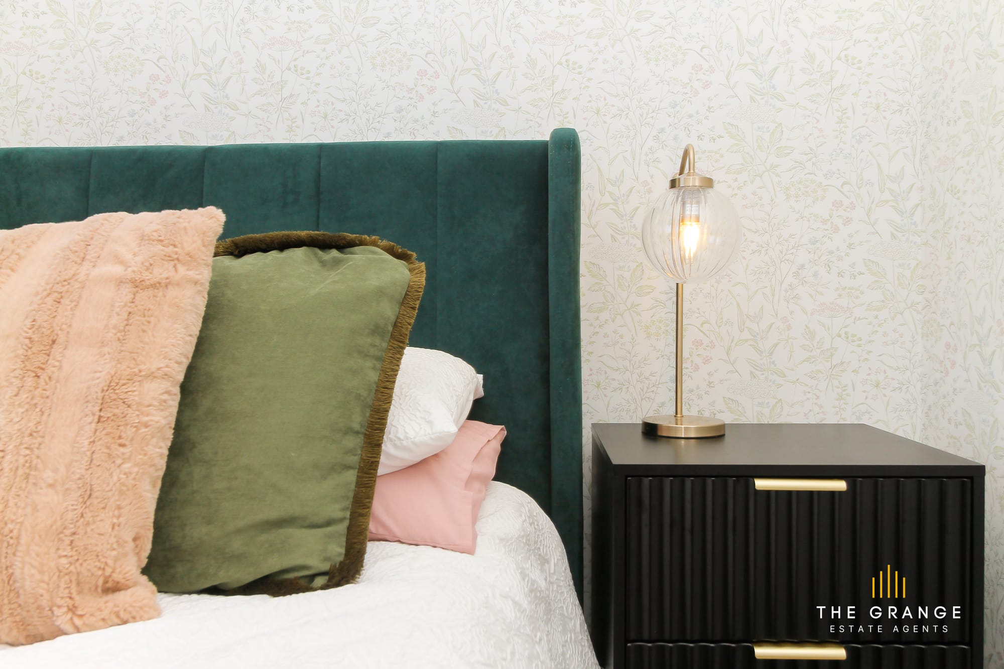Main bedroom, headboard and bedside lamp